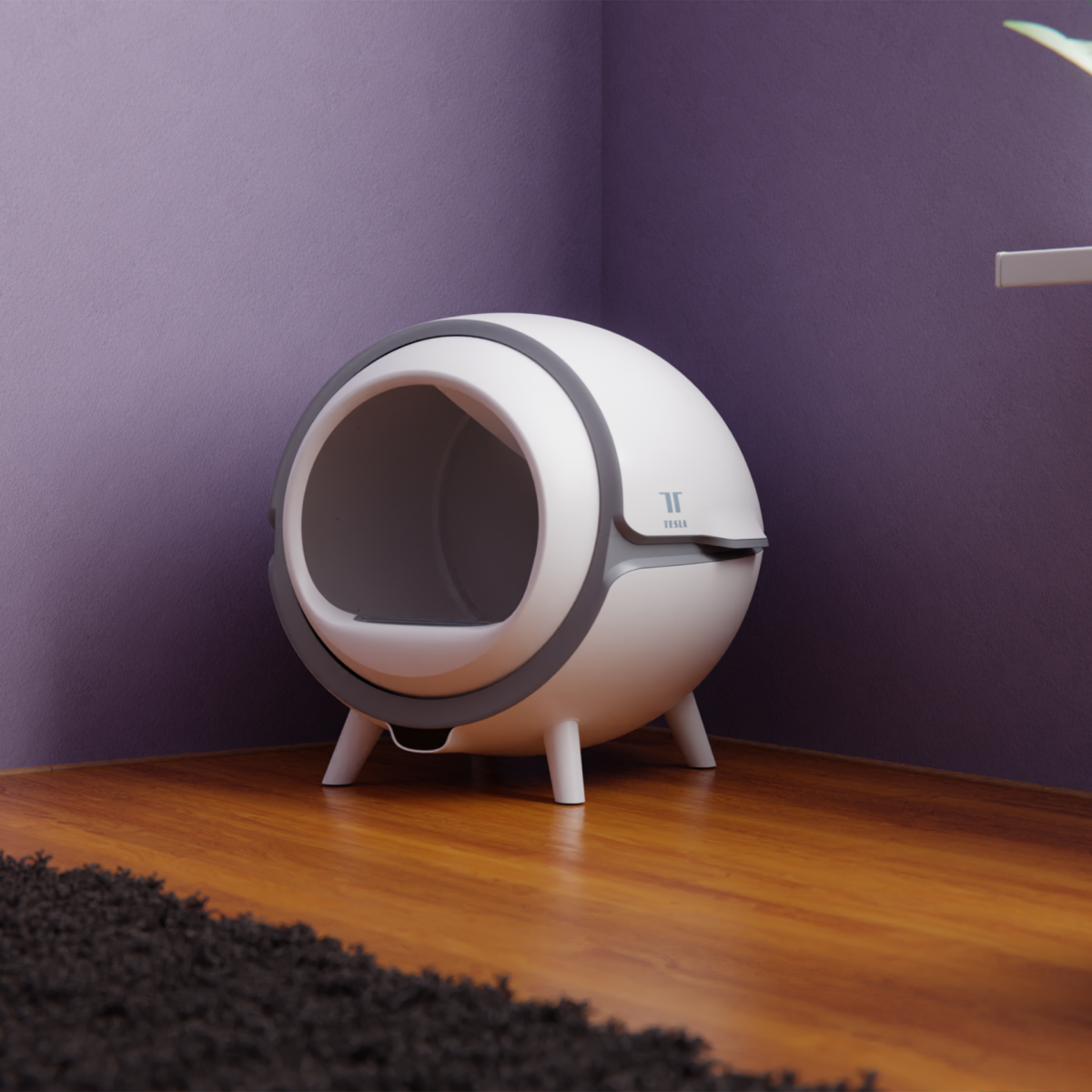 Chytrý záchod pro kočky TESLA Smart Cat Toilet v rohu místnosti
